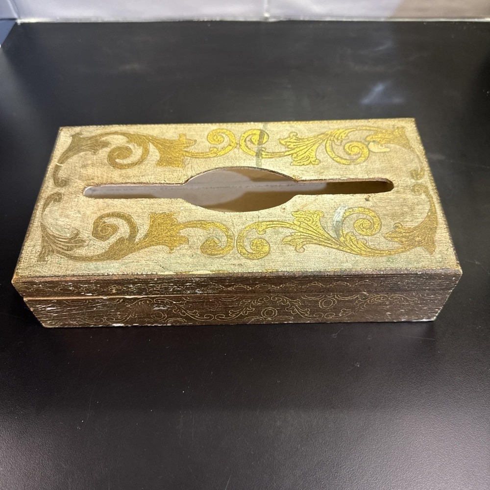 VTG Italian Florentine Gold Gilt/Cream/Green Wood Tissue Box Hollywood Regency‎